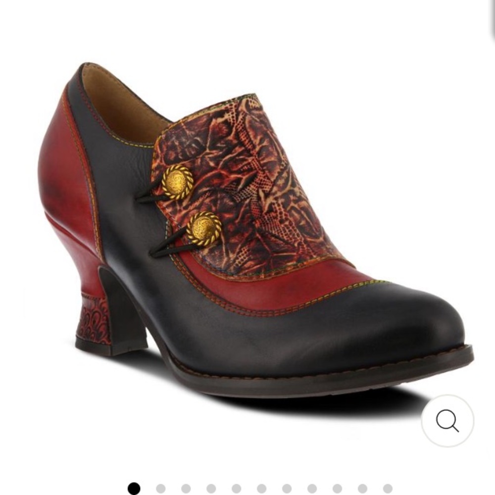 Spring Step Black and Red Leather Heeled Oxford with Embossed Detail